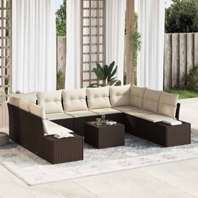 Conjunto de sofá de jardín con cojín 10 pcs Marrón y crema