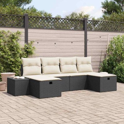 Conjunto de sofá de jardín con cojín 6 pcs Negro Poliratán