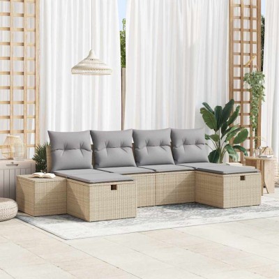 Conjunto de sofá de jardín con cojín 6 pcs Beige Poliratán