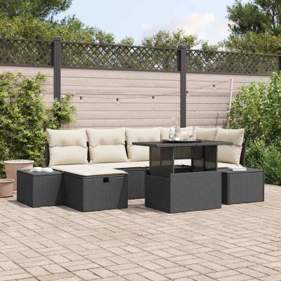 Conjunto de sofá de jardín con cojín 7 pcs Negro Poliratán