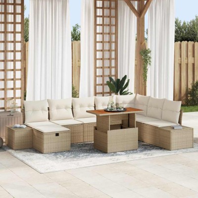 Conjunto de sofá de jardín con cojín 9 pcs Beige Poliratán