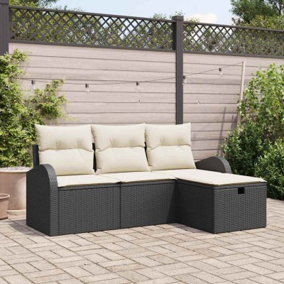 Conjunto de sofá de jardín con cojín 4 pcs Negro Poliratán