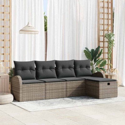 Conjunto de sofá de jardín con cojín 5 pcs Gris Poliratán