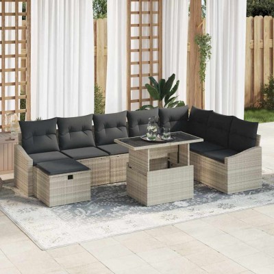 Conjunto de sofá de jardín 9 pcs Gris Claro ratán sintético