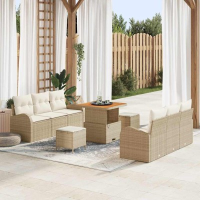 Conjunto de sofá de jardín con cojín 9 pcs Beige Poliratán