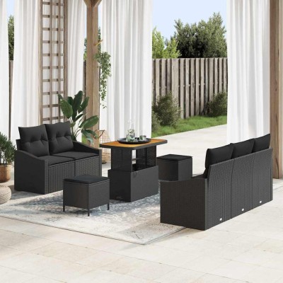 Conjunto de sofá de jardín con cojín 8 pcs Negro Poliratán