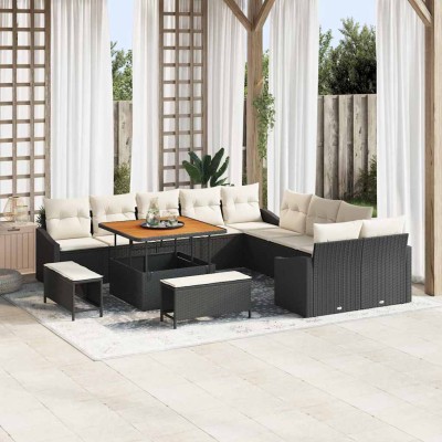 Conjunto de sofá de jardín con cojín 13 pcs Negro Poliratán