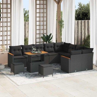 Conjunto de sofá de jardín con cojín 12 pcs Negro Poliratán