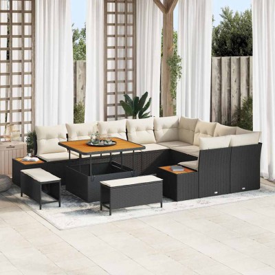 Conjunto de sofá de jardín con cojín 12 pcs Negro Poliratán