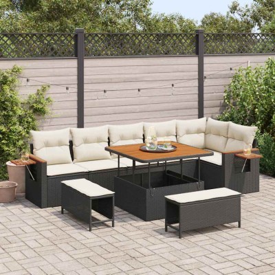 Conjunto de sofá de jardín con cojín 9 pcs Negro Poliratán