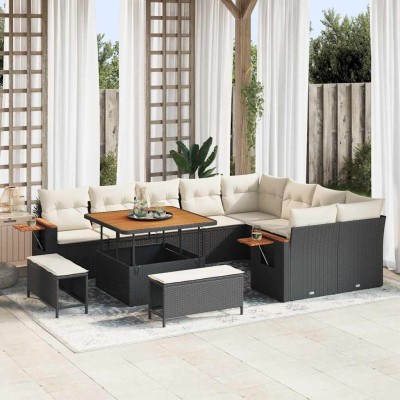 Conjunto de sofá de jardín con cojín 12 pcs Negro Poliratán