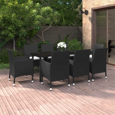 Set comedor de jardín 9 pzas y cojines ratán sintético y vidrio